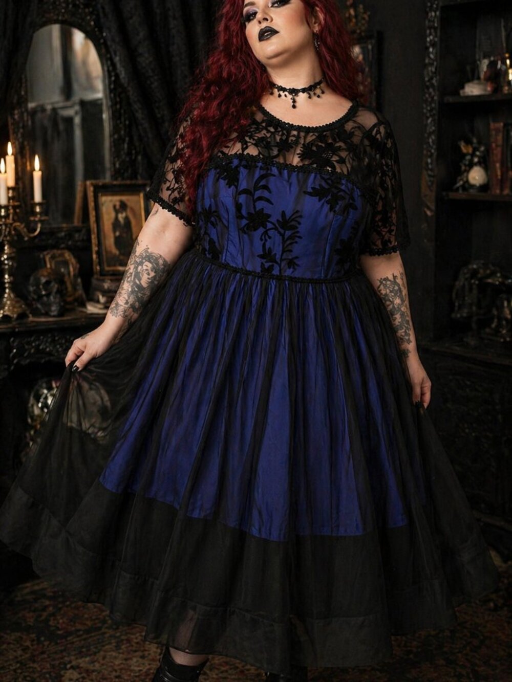 eShakti 3X Black Sheer Embroidered Lace Goth Dress w. Blue Tiered Midi Layers